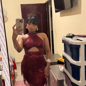 Burgundy Sequin Fringe Halter Dress